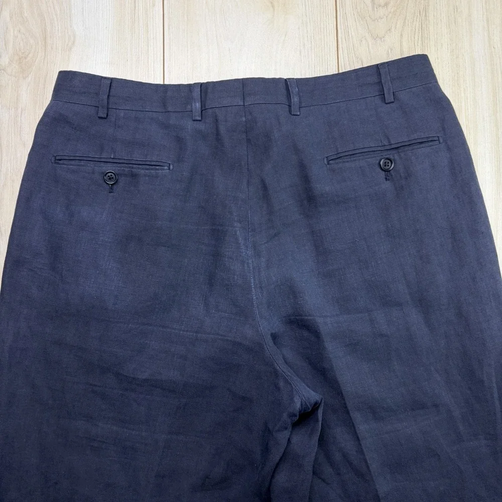 Gran Sasso 100% Flax Dress Pants Mens Size 34x32 Navy Blue Trousers Linen